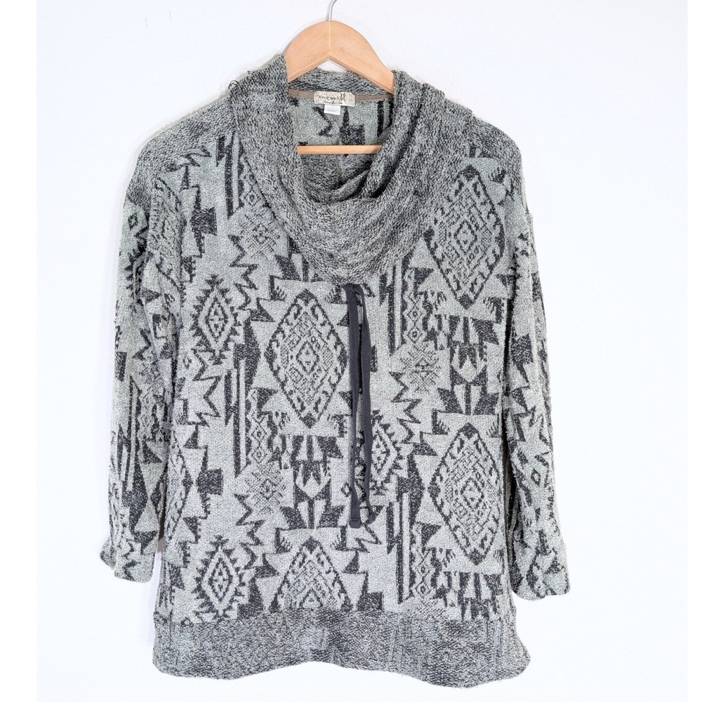 One World Aztec Pullover; Cowl Neck, Geometric Print, Long Sleeve